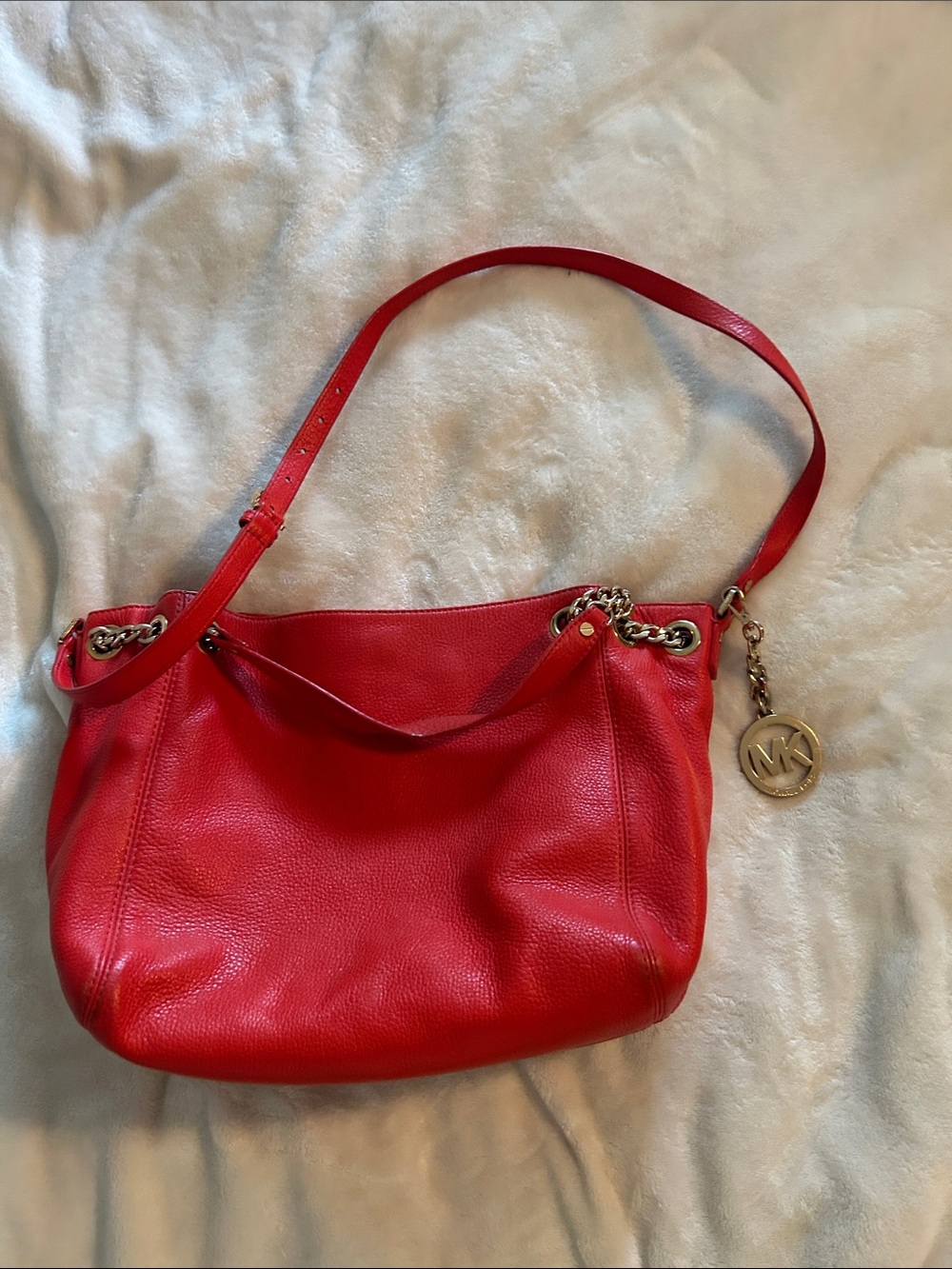 Michael Kors Red Pebbled Leather Hobo Shoulder Bag with Gold-Tone MK Charm